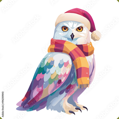 Vector illustration of a snowy owl in a vibrant geometric style, wearing a hat and scarf, isolated on a white background