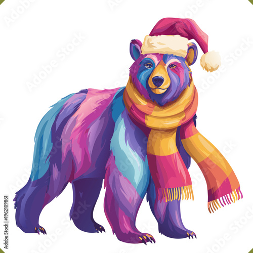 Vector illustration of a colorful bear in a vibrant geometric style, wearing a hat and scarf, isolated on a white background