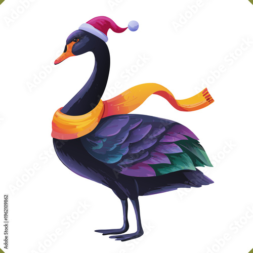 Vector illustration of a black swan in a vibrant geometric style, wearing a hat and scarf, isolated on a white background