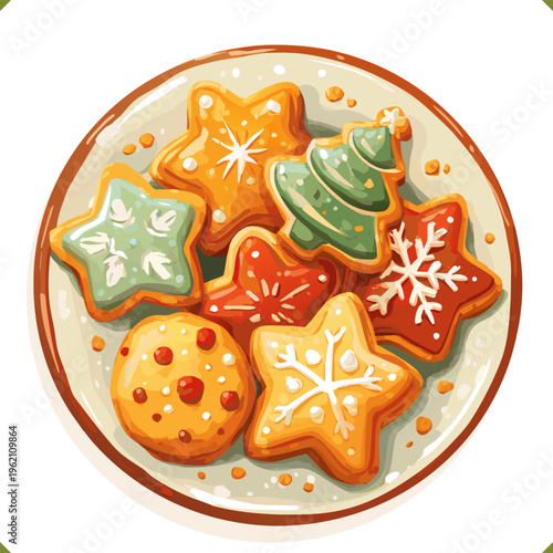 Vector illustration of a plate with assorted Christmas cookies in star and tree shapes, decorated with icing, isolated on a white background