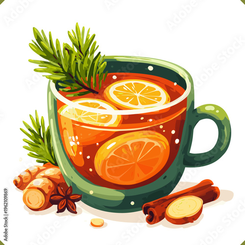 Vector illustration of a transparent cup of spiced tea with lemon slices, ginger, sugar cubes, leaves, isolated on a white background