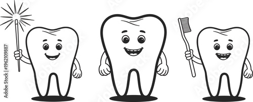 Cute tooth cartoon characters with toothbrush and sparkle showing dental hygiene care and healthy smile concept in black and white style