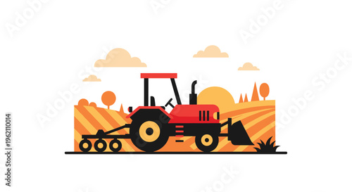 A red tractor with attachments is working in a golden agricultural field under a setting sun.
