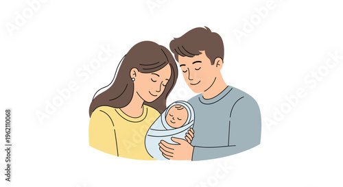 A young couple tenderly holds a swaddled newborn baby with their heads touching.