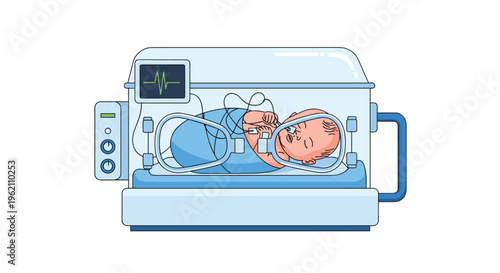 A newborn baby wrapped in blue lies inside a transparent incubator with medical tubes and a heart rate monitor on a white background.