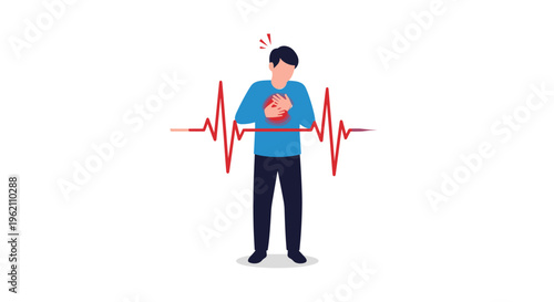 A man in a blue shirt clutches his chest with a red ECG line running horizontally across his body on a white background.