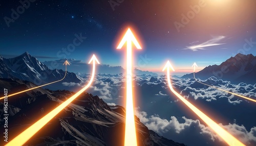 Business growth concept with multiple glowing arrows pointing upward, highlighting leadership and progress.