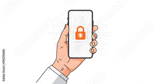 A human hand firmly grips a white smartphone displaying an orange padlock icon and circuit pattern on its screen against a plain white background.