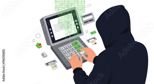 A hooded figure types on an ATM keypad with green binary code cascading down the screen.