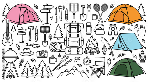 Camping adventure equipment vector flat icons collection set outdoors.