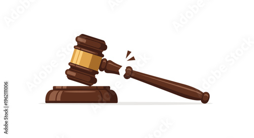 A wooden judge's gavel is broken into two pieces on a dark brown sound block against a white background.
