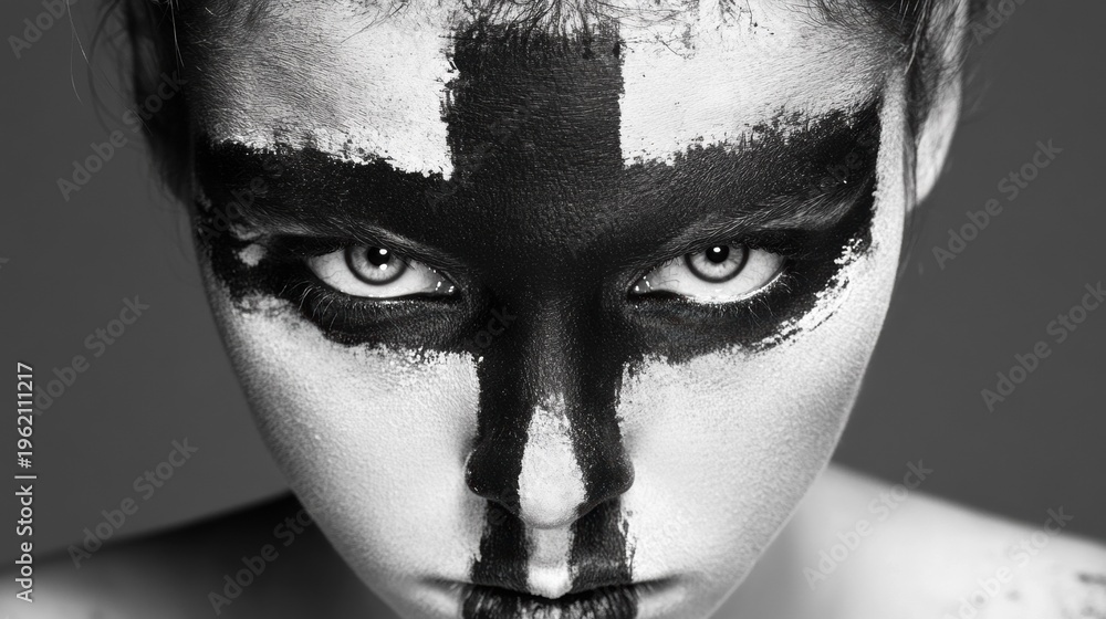 Obraz premium Black and white portrait of a woman with a black cross painted over her eyes. Intense gaze of a female warrior. Symbolic religious and war ritual makeup