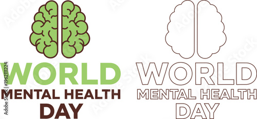World mental health day awareness logos and brain illustrations