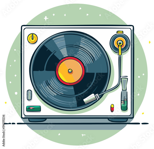 Illustration of a vintage turntable playing a vinyl record with a colorful center label