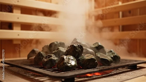Hand pouring water on hot sauna stones in a wooden room