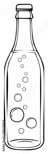Outline Drawing of a Glass Bottle Filled with Carbonated Liquid and Bubbles