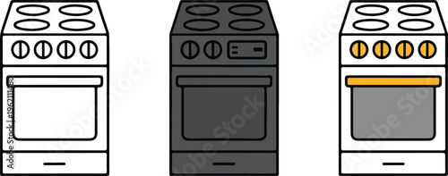 Gas stove vector icon set featuring minimalist electric oven range and kitchen appliance for domestic cooking household equipment and restaurant interior design.