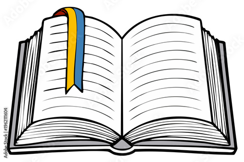 Open hardcover book with blue and yellow ribbon bookmark illustration