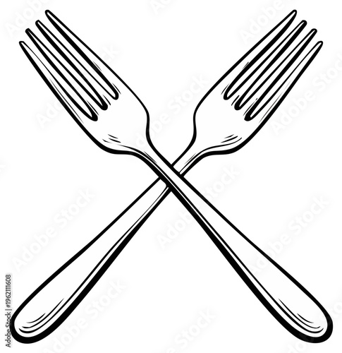 Hand Drawn Cross Silverware Utensils Two Crossed Forks Black and White Doodle Line Art