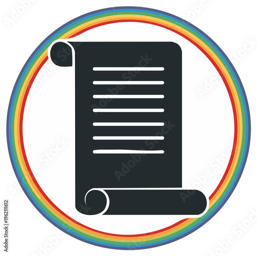 Classic scroll document with text lines enclosed by a vibrant rainbow ring