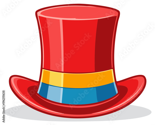Vibrant red top hat with colorful yellow and blue band playful cartoon illustration graphic