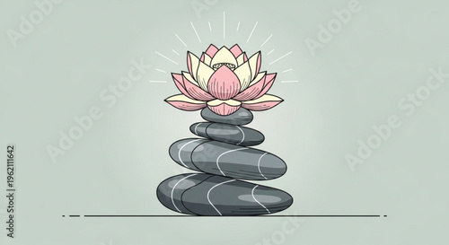Serene pink lotus flower atop stacked gray stones zen balance harmony meditation peaceful background
