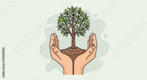 Hands cradling a small tree with green leaves and brown soil symbolizing growth and environmental care