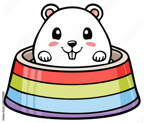 Cartoon style illustration of white hamster in rainbow colored bowl looking up, cute animal character with pink cheeks and large teeth