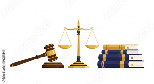 Law and justice symbols including gavel scales and legal books on a plain background