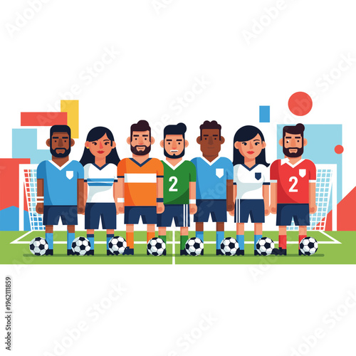 A group of diverse soccer players standing together on a green field with balls and goals behind them in an illustration.