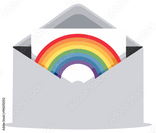 Vibrant rainbow card emerging from an open gray envelope, symbolizing hope and a colorful message.