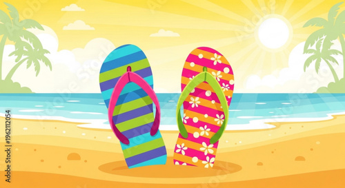 Vibrant flip flops on sunny beach with palm trees and ocean view summer vacation concept