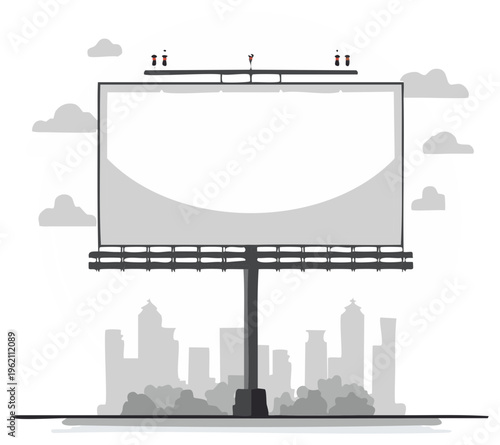 Blank advertising billboard with city silhouette and tiny people an urban marketing concept illustration
