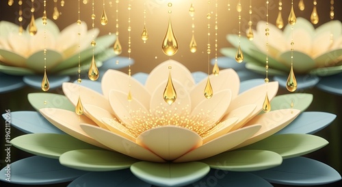 Softly glowing lotus blossoms with falling golden droplets