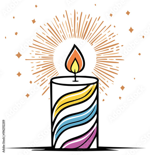 Bright Stripes Adorn a Lit Candle with Radiating Glow for Celebrations and Rituals