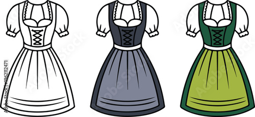 Traditional Dirndl dress vector icon set featuring minimalist Bavarian clothing for Oktoberfest cultural festival folk fashion and German heritage design.