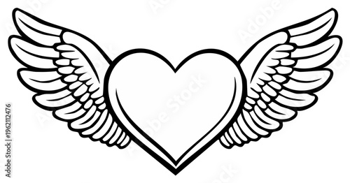 Heart with spread wings, symbol of love, freedom and protection, black and white outline.