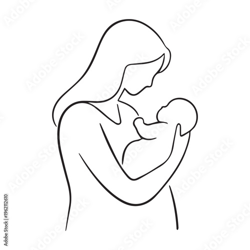 Minimalist Black and White Line Art of a Mother Breastfeeding Her Newborn Baby