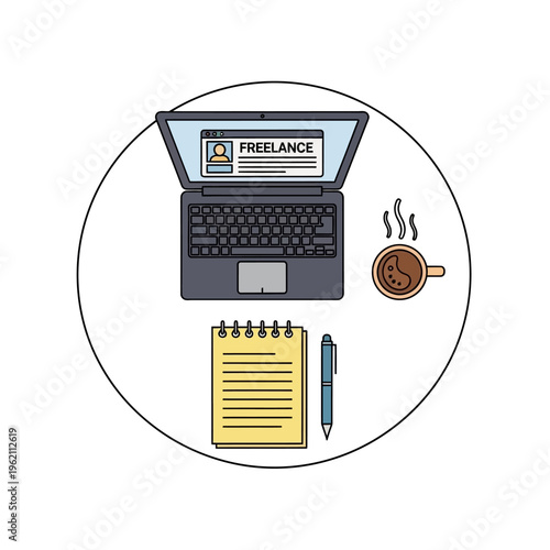 Freelance work concept with laptop and coffee.