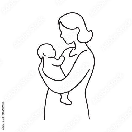Minimalist Black and White Line Art of a Mother Breastfeeding Her Newborn Baby