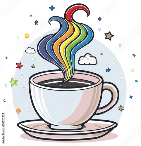 Vibrant Rainbow Steam Rising from a Coffee Cup with Stars and Clouds