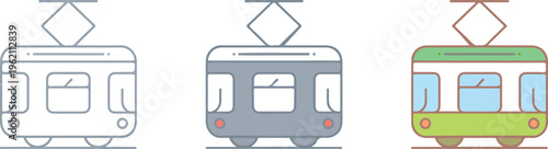 Tram vector icon set featuring minimalist light rail vehicle for urban public transportation city commute and electric streetcar transit system design.