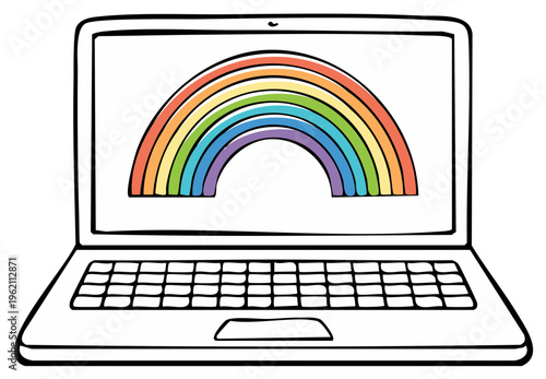 Laptop computer display with a brightly colored rainbow illustration representing creativity and technology themes