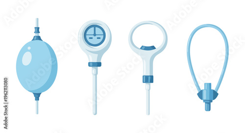 Medical Instruments Set for Anesthesia and Respiratory Care, Flat Vector Illustration of Manual Resuscitator Bulb, Pressure Manometer, and Specialized Clinical Equipment