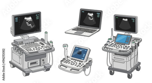 Set of Ultrasound Diagnostic Machine Illustrations, Portable and Cart-Based Medical Equipment