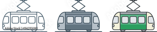 Tram vector icon set featuring minimalist light rail vehicle for urban public transportation city commute and electric streetcar transit system design.
