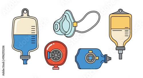 Medical supplies vector illustration set featuring IV drip bags, oxygen mask, and manual resuscitators for emergency and hospital care.