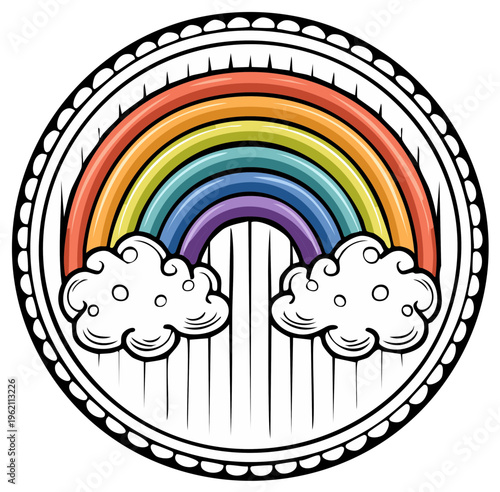 Wallpaper Mural Colorful rainbow illustration with fluffy clouds in a round frame, vibrant and cheerful design. Torontodigital.ca