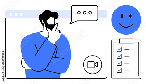 Digital communication concept. Digital tools for professional collaboration and evaluation. Digital messaging, video calls, and feedback systems for productivity. For business, education, remote