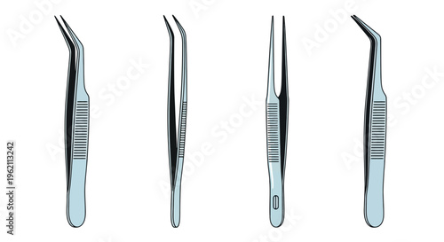 Set of Professional Surgical Tweezers and Precision Steel Instruments Vector Illustration Isolated on White Background